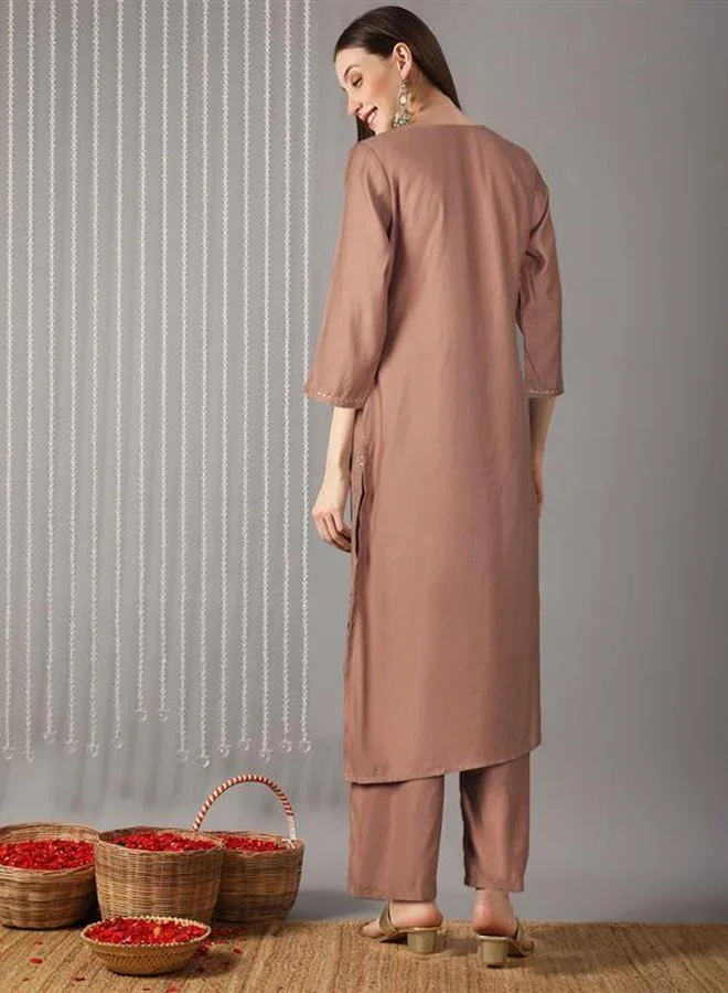 globus Women Beige Round Neck Floral Embroidered A-Line Kurta with Pants Set